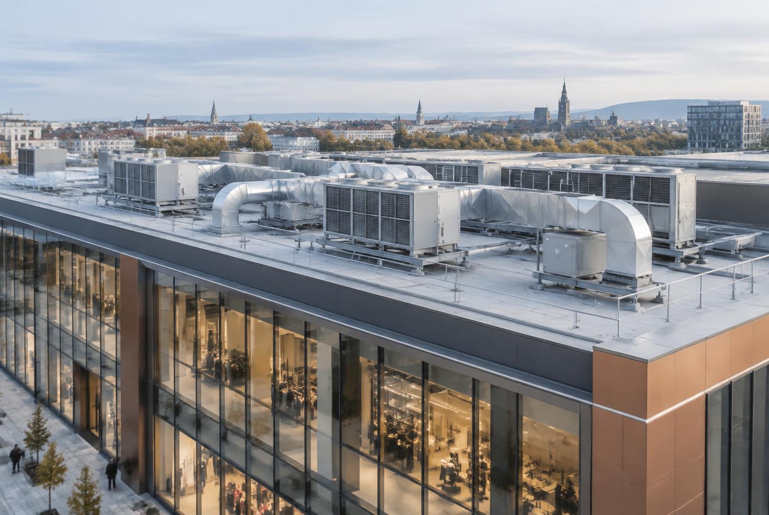 Équipements techniques de chauffage et de ventilation sur un bâtiment commercial